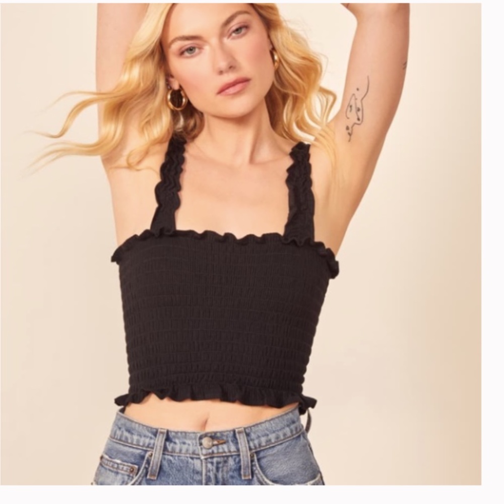 Reformation Leonore Smocked Black Crop Top Small